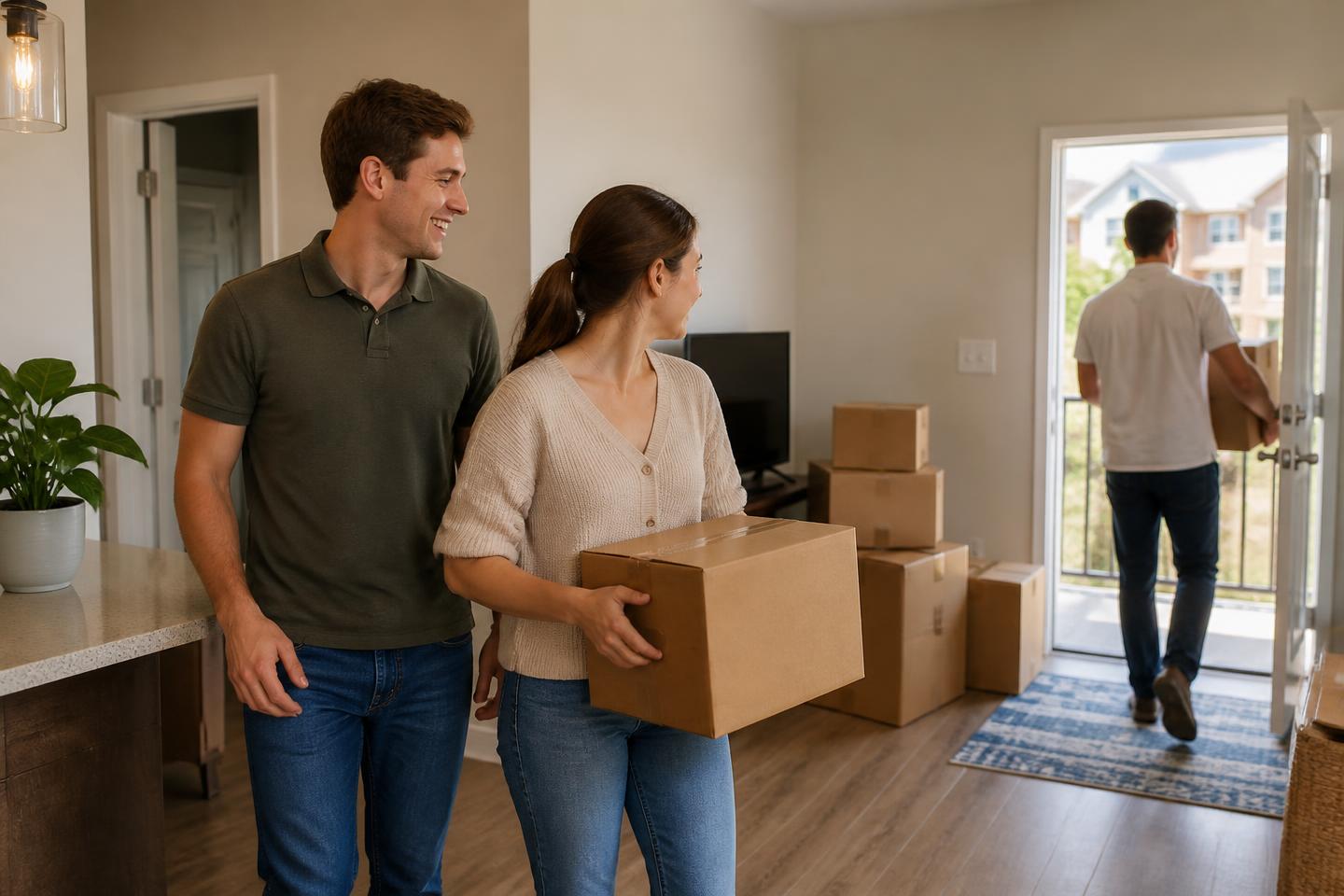 Couple with organized moving boxes in a Fort Collins apartment as a mover carries a box out