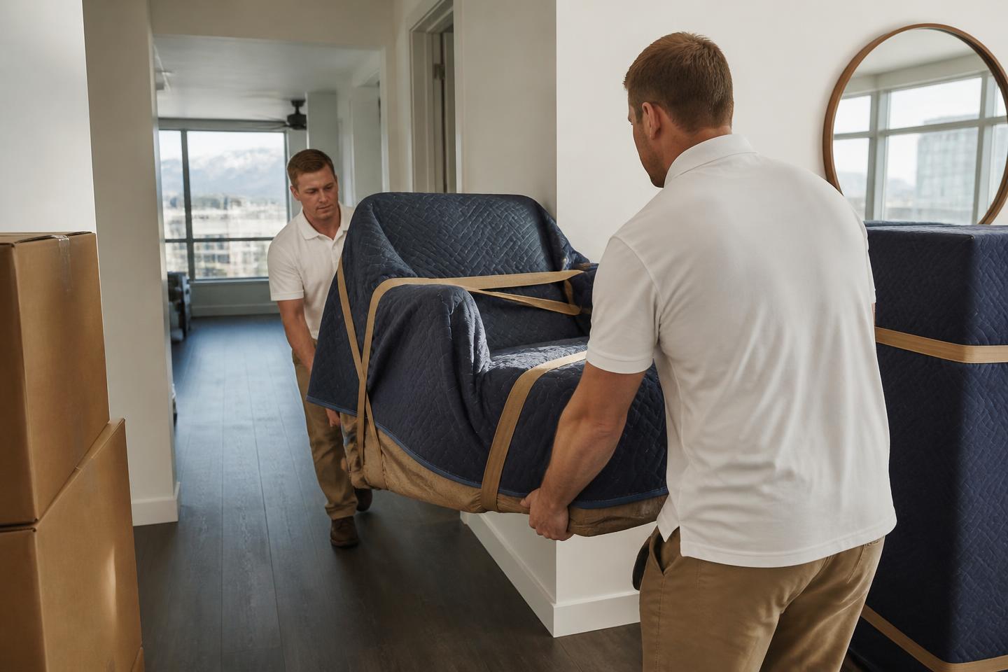 Movers carrying a protected armchair through a modern apartment hallway