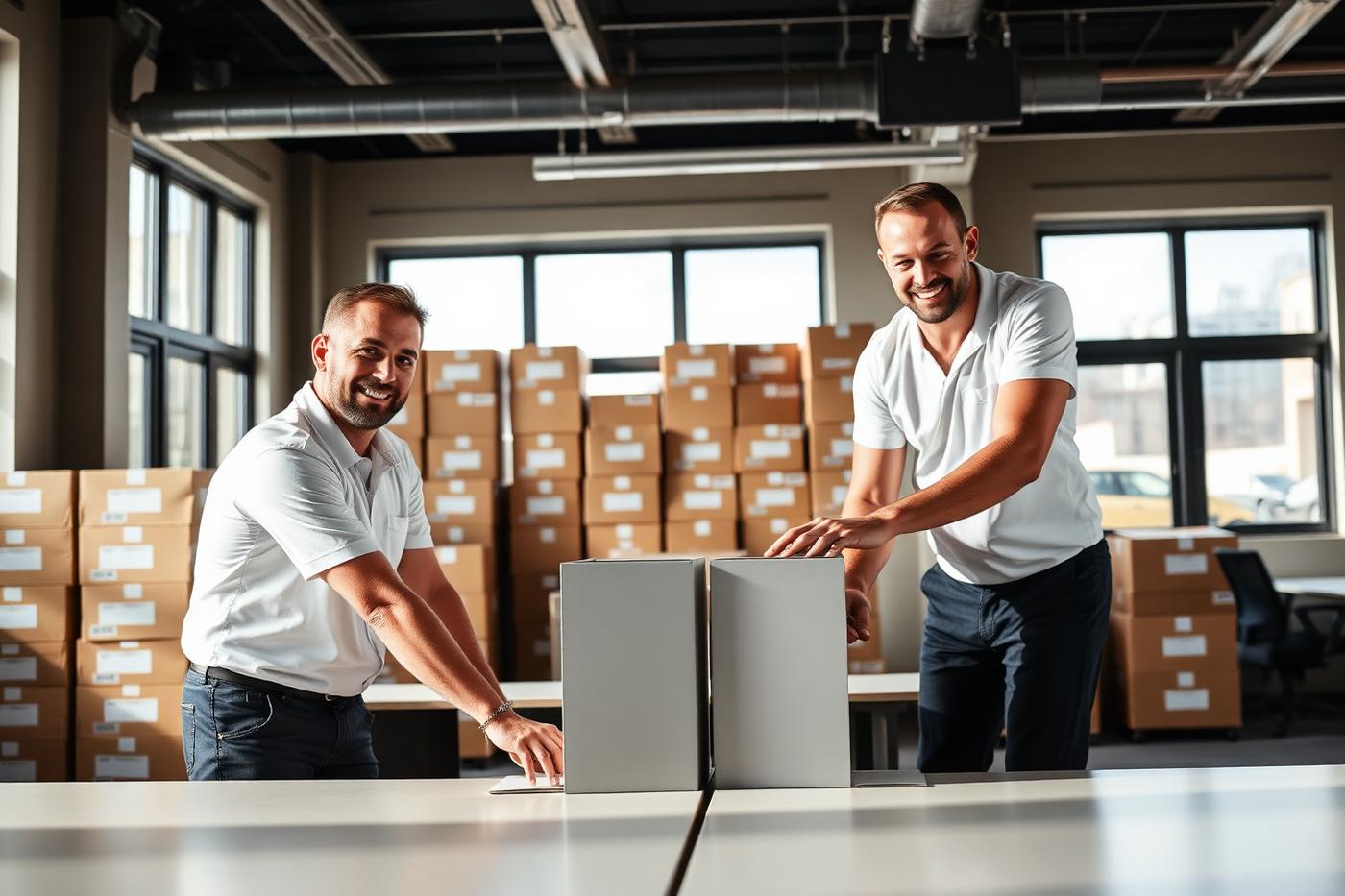 Professional movers setting up furniture in a new office