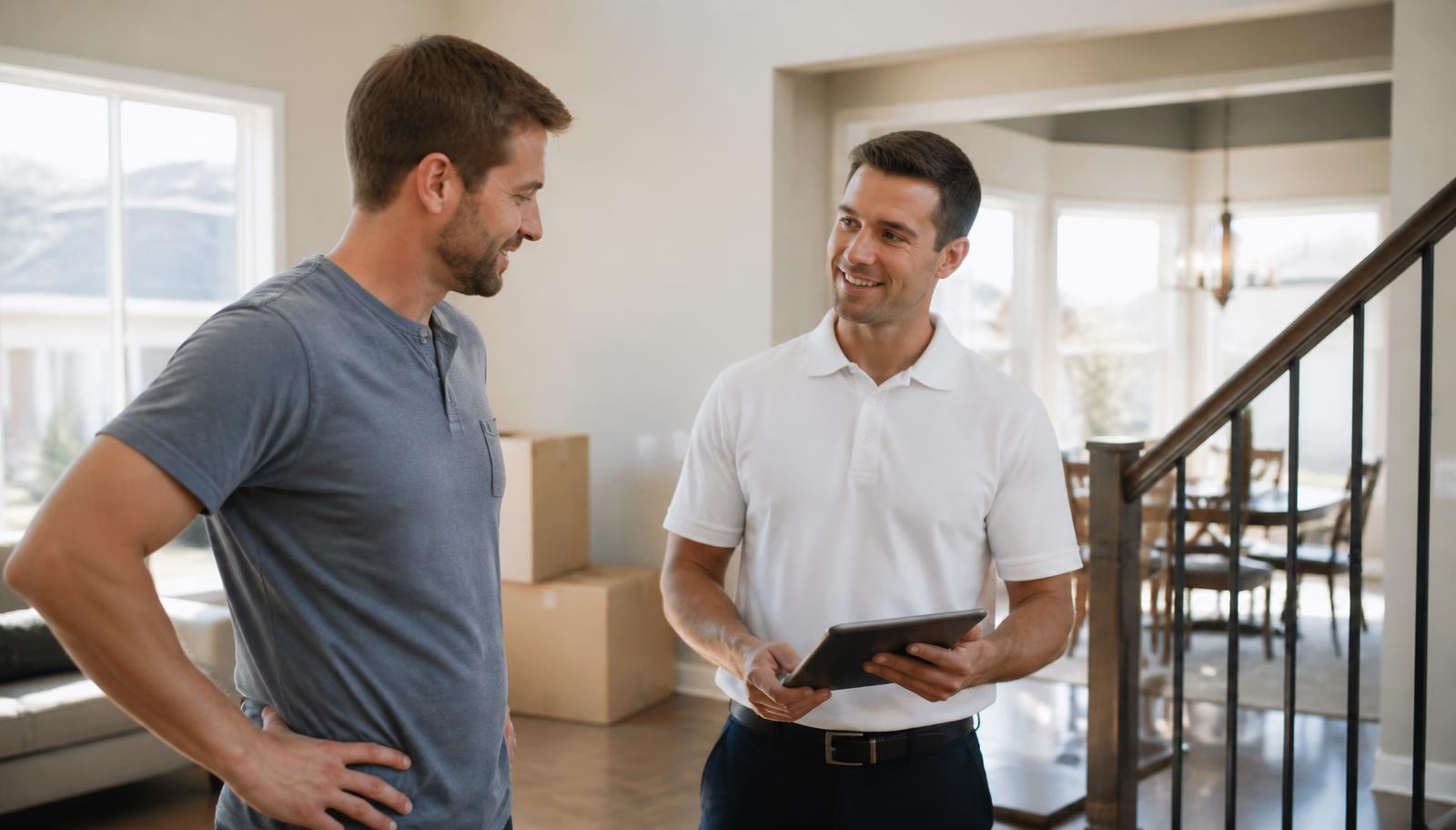 Homeowner reviewing a moving estimate with a professional mover in a Colorado home
