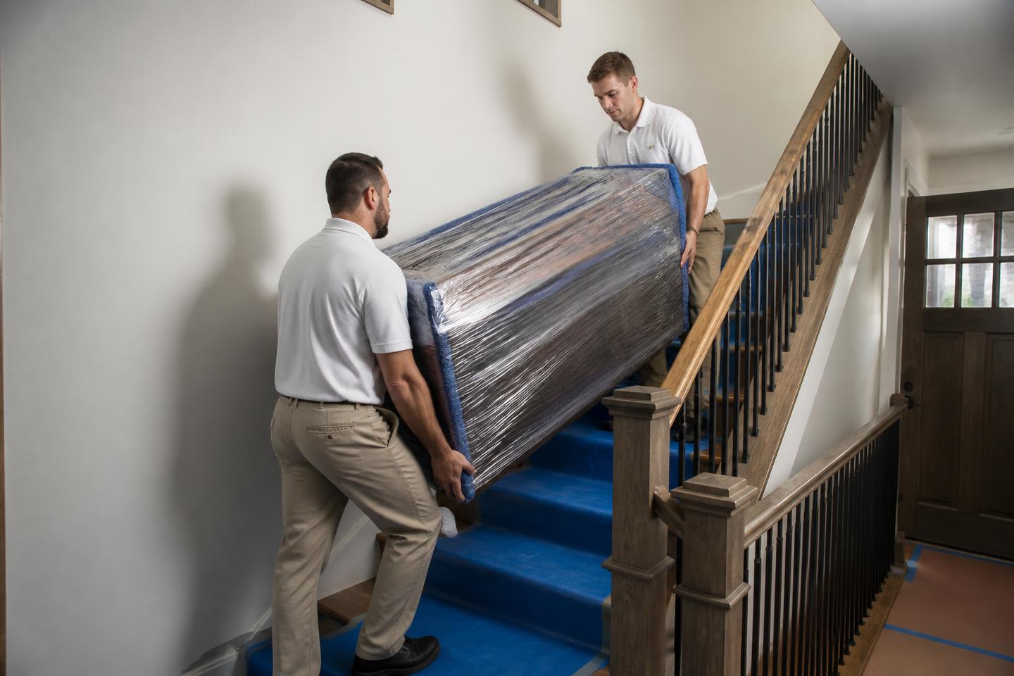 Movers carrying a wrapped dresser down a residential staircase