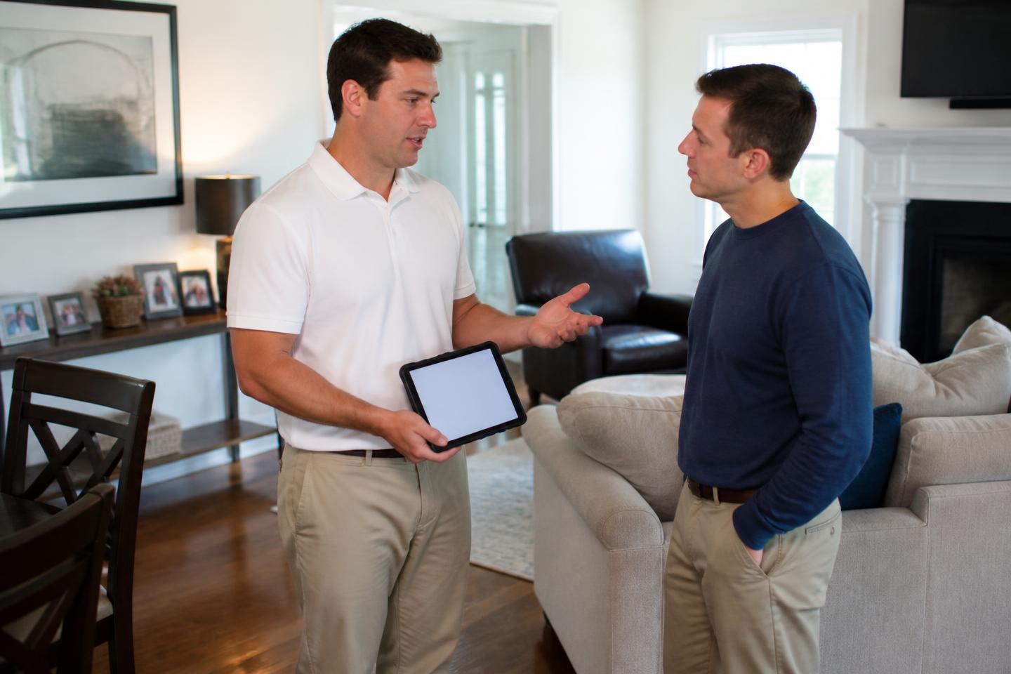 Professional mover walking through a furnished living room with a homeowner during a moving estimate