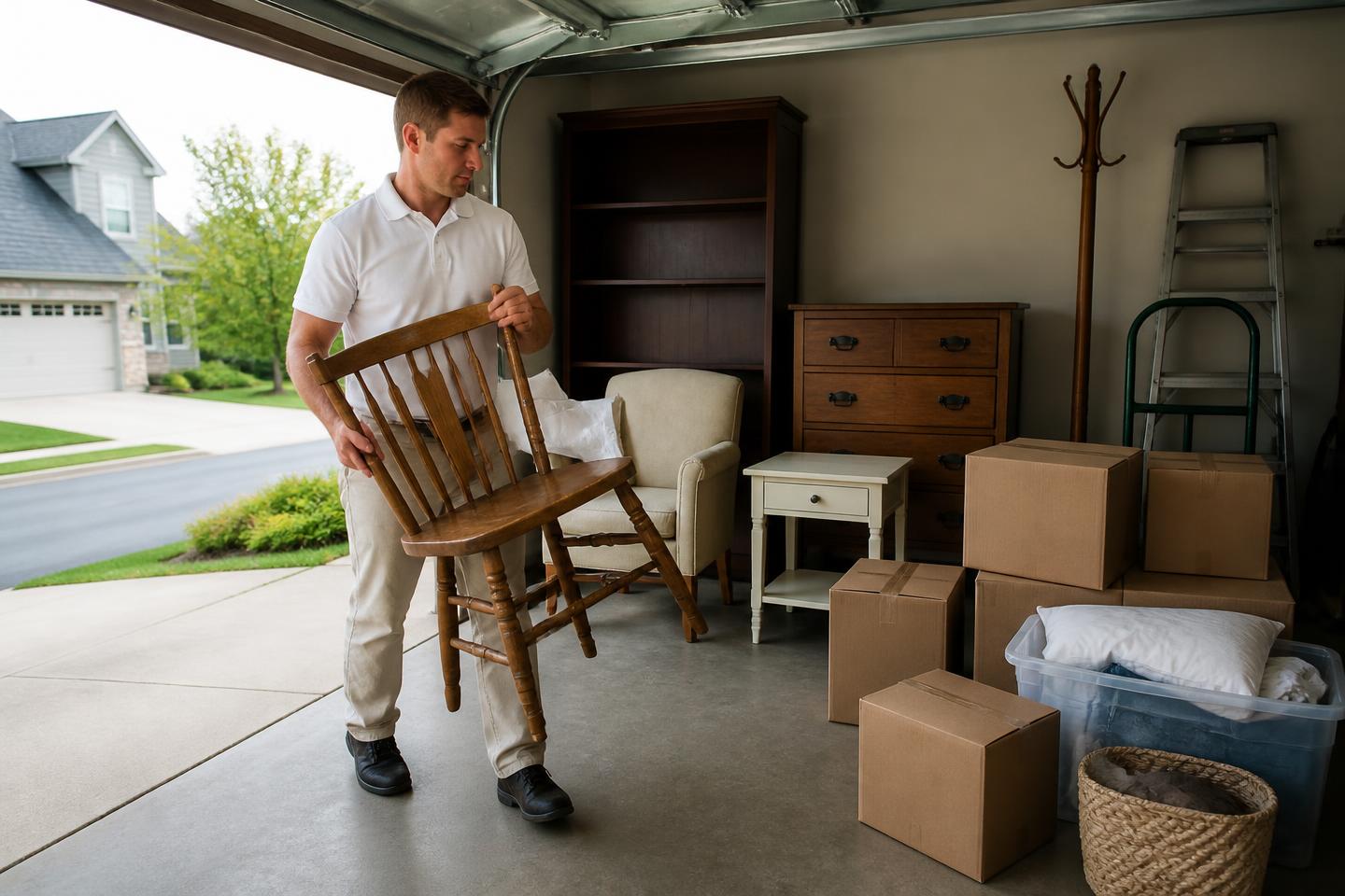Pre-move decluttering in a Colorado garage with donation items and boxes separated