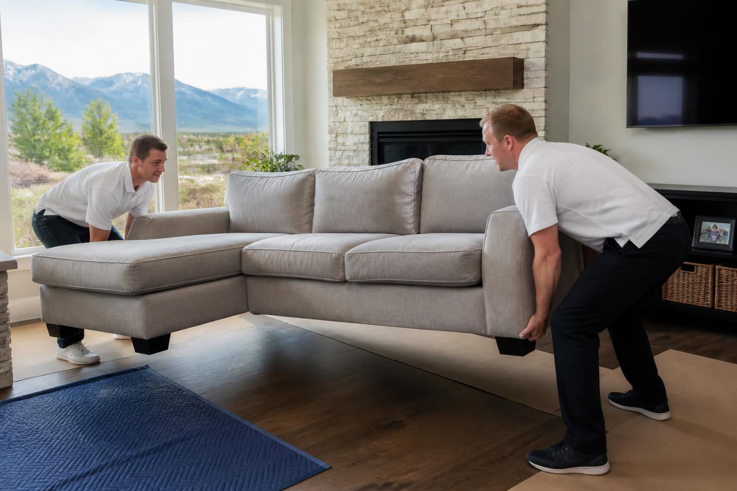 Movers repositioning a heavy sectional sofa inside a Colorado living room