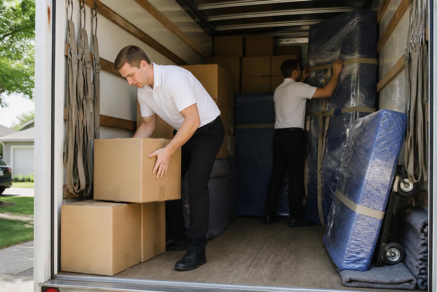 Professional movers loading a rental moving truck with wrapped furniture and boxes