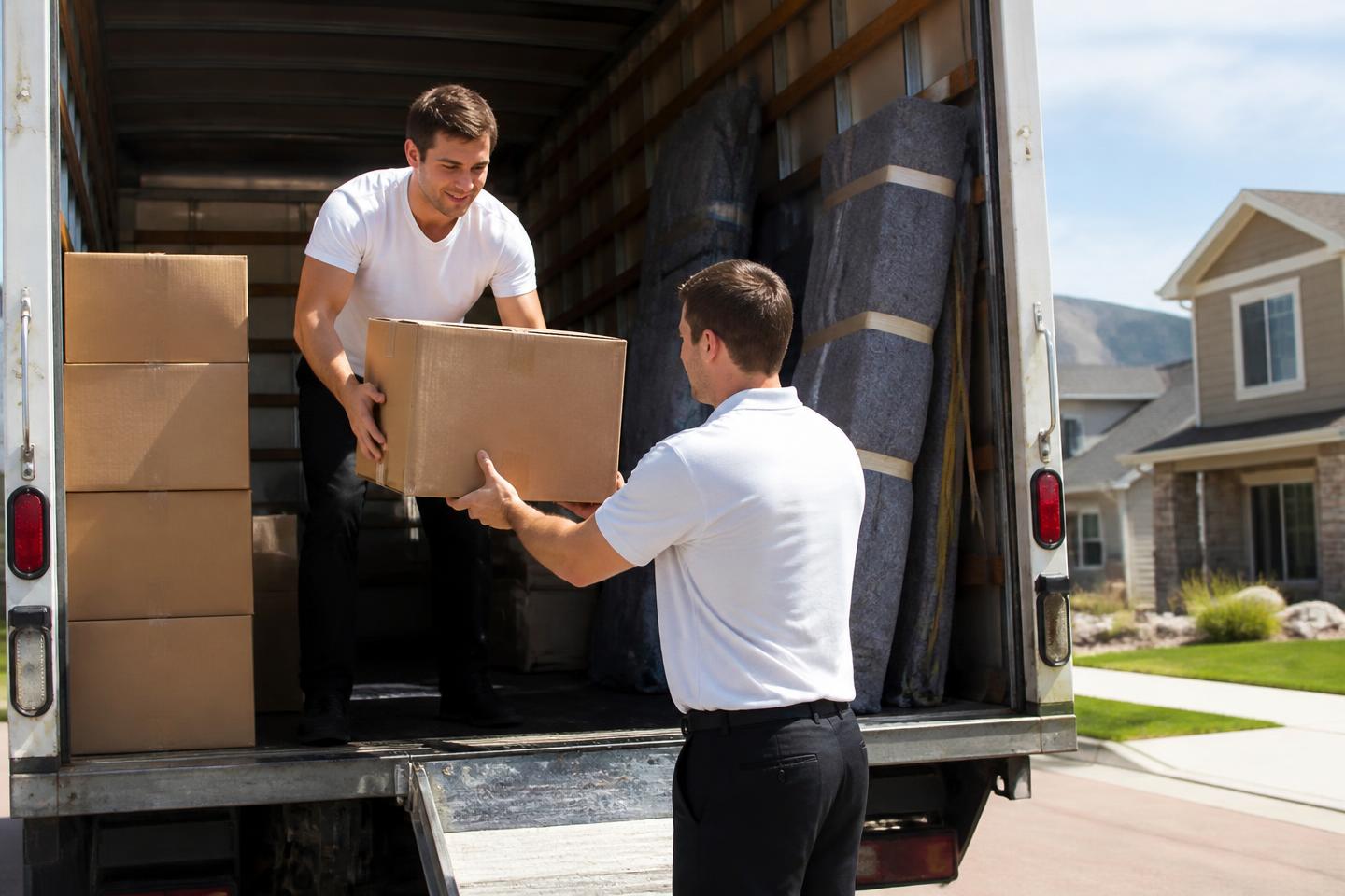 Movers loading labeled boxes into a moving truck in a Northern Colorado neighborhood