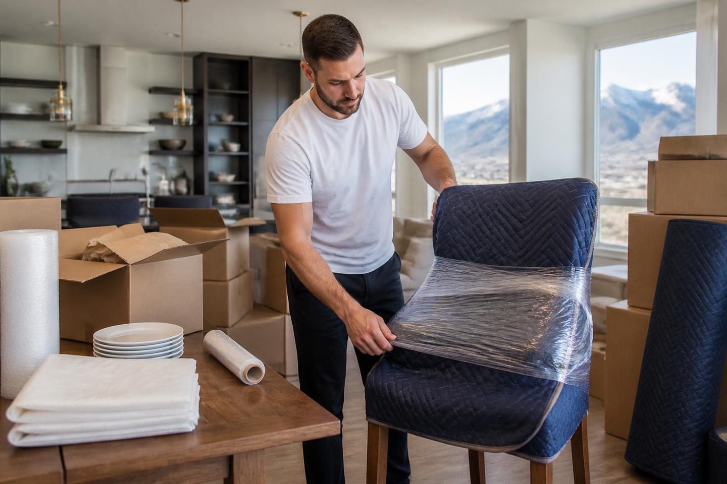 Mover wrapping a dining chair for a long-distance move in Colorado