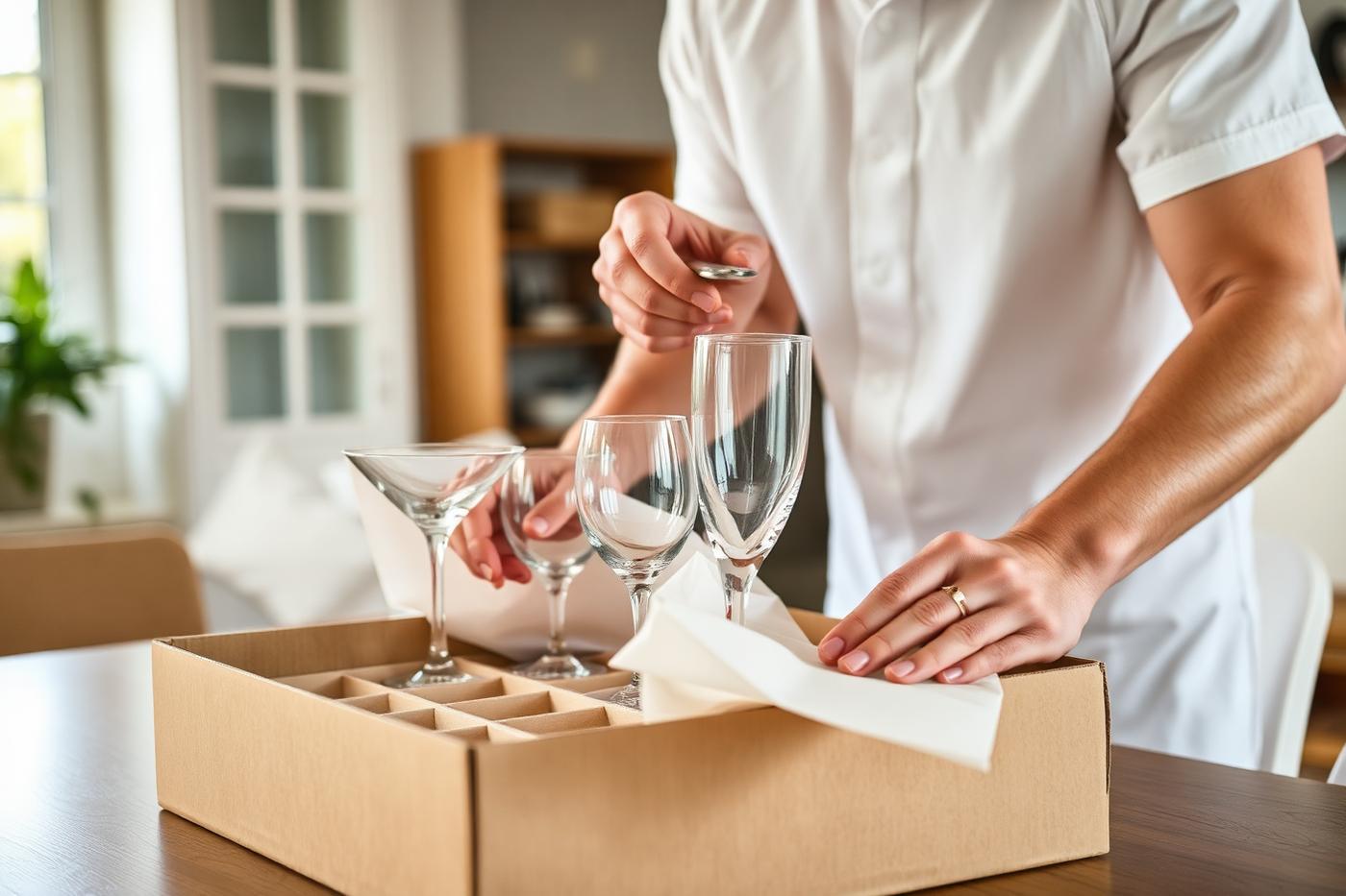 Professional packer wrapping fragile glassware for a move