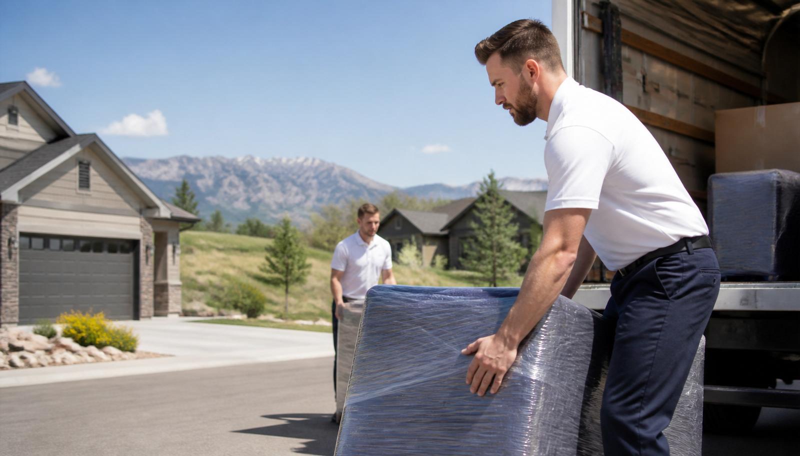 Professional residential movers carrying furniture into a Northern Colorado home