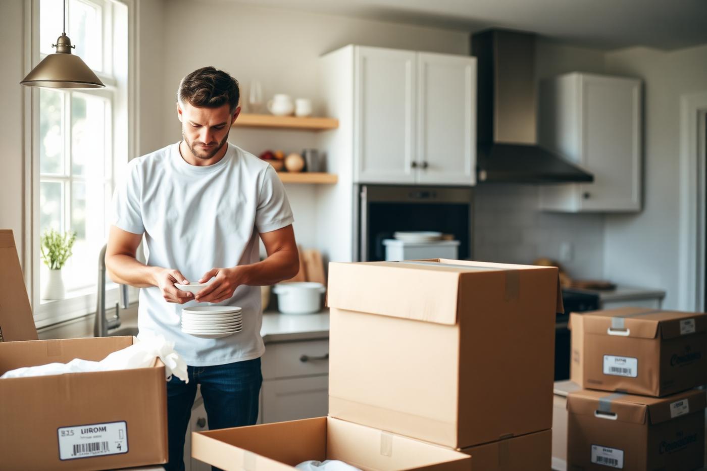 Professional mover packing kitchen dishes in Windsor, Colorado
