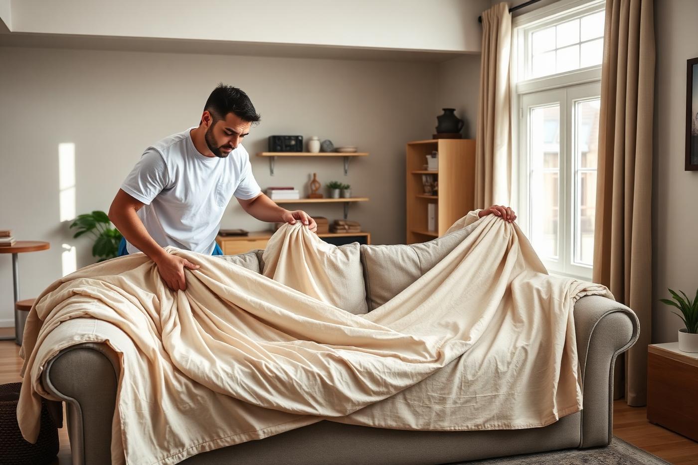 Residential movers protecting a sofa before loading
