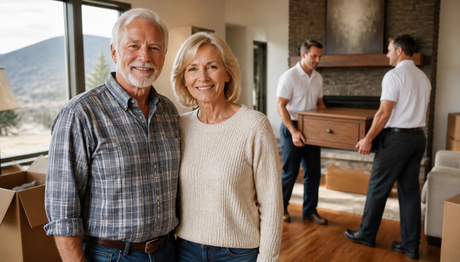 Older couple with professional movers during a downsizing move in a Northern Colorado home