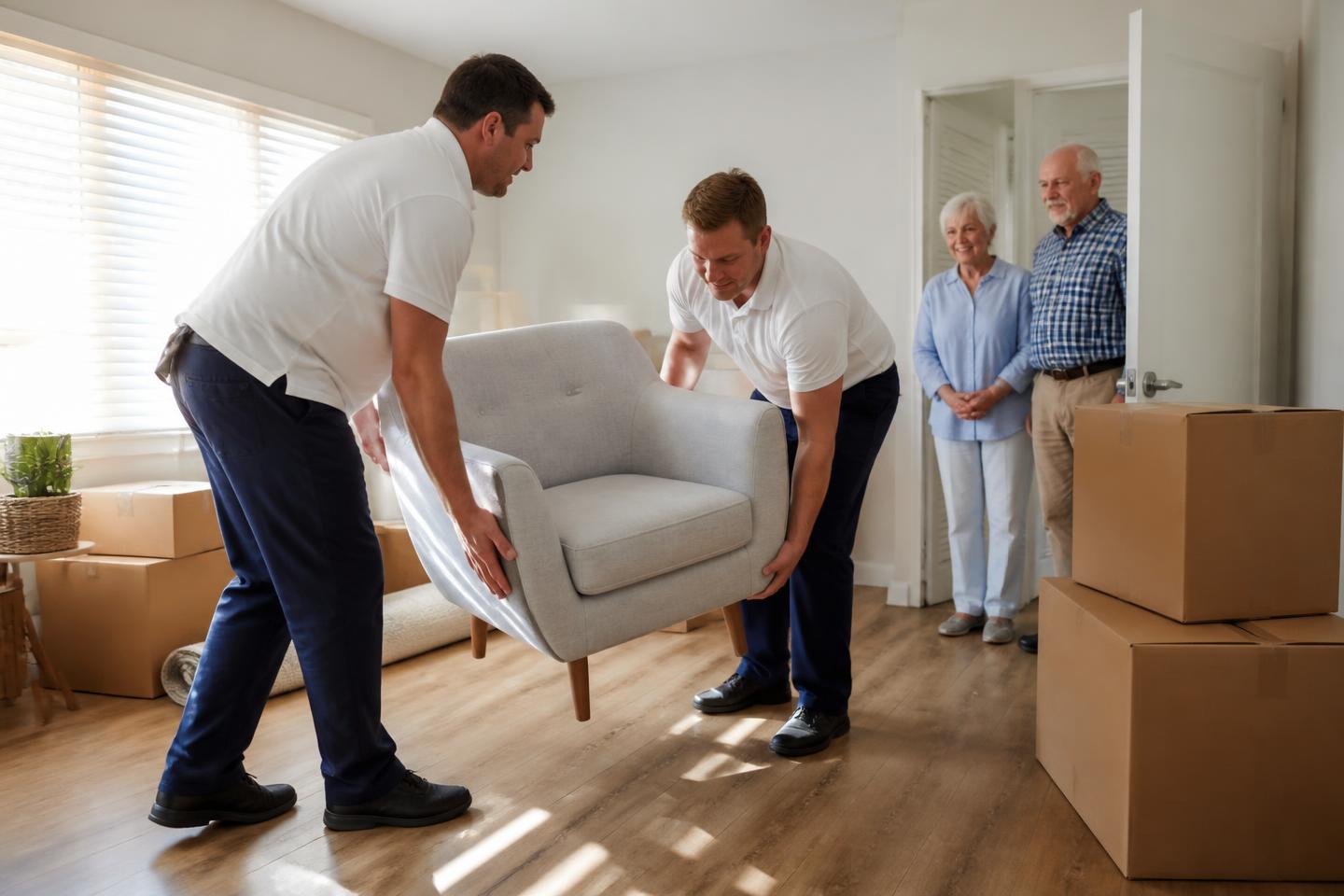 Movers placing an armchair in a smaller apartment for an older couple