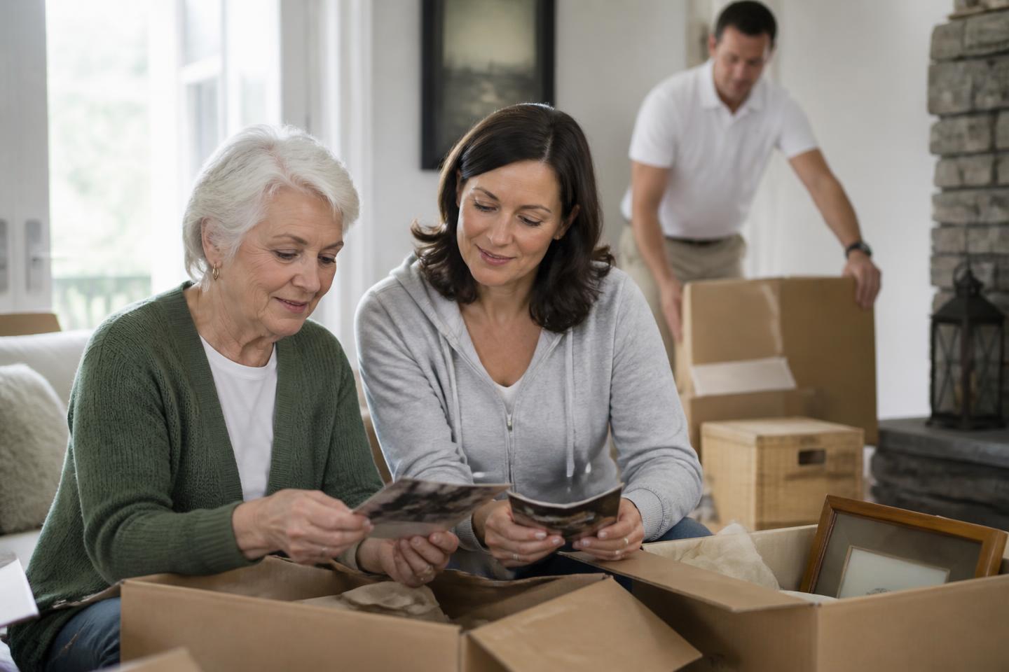Mother and adult daughter sorting family photographs into boxes during a downsizing move